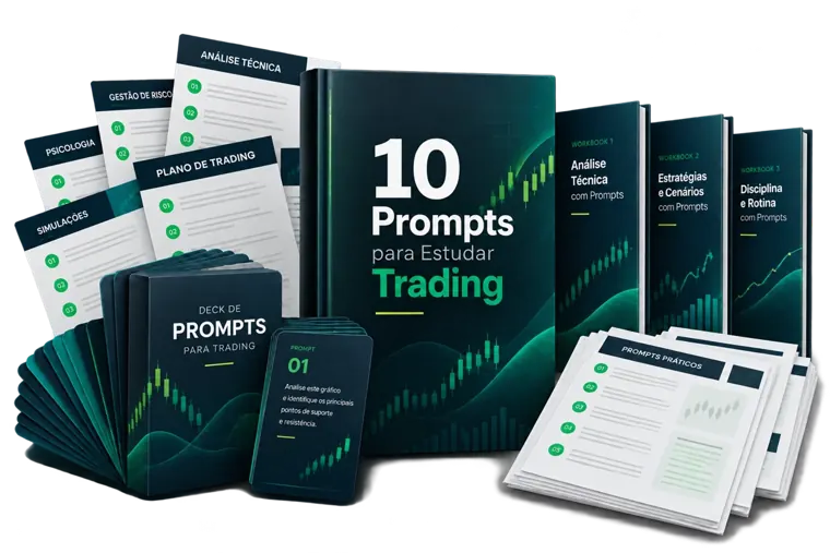Kit 10 Prompts para Estudar Trading com cartões e folhas de apoio