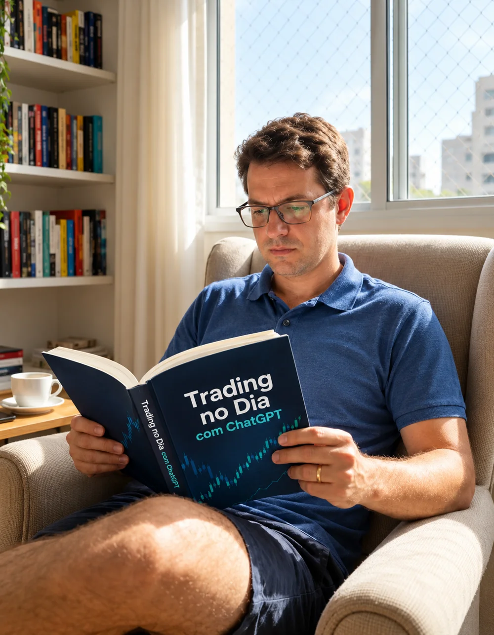Homem lendo o livro Trading no Dia com ChatGPT em uma poltrona junto à janela